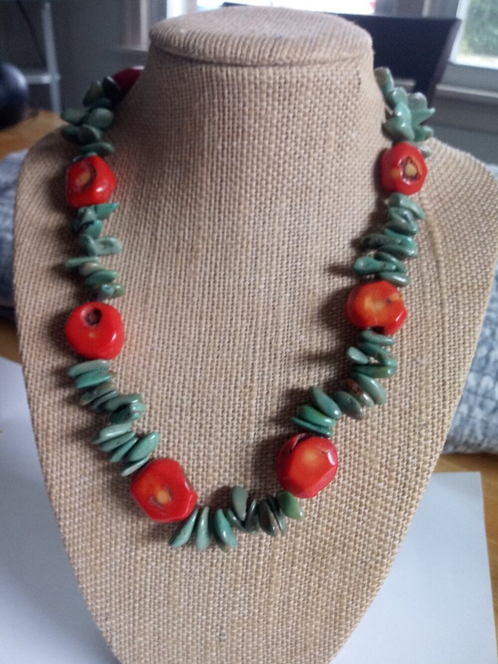 Vintage genuine turquoise and coral beads necklace gorgeous Toggle Sterling - Picture 1 of 6